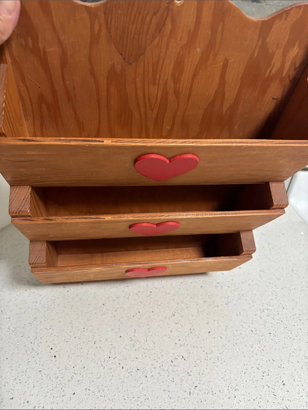 Vintage Wooden 3-Tier Letter Holder Mail Organizer with Red Heart Accents
